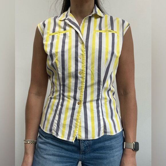 True Vintage 50s Striped Cotton Button Down Structured Short Sleeve Shirt Size S - Picture 1 of 8
